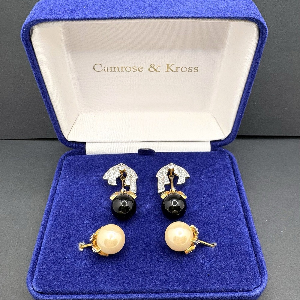 Camrose & Kross Jackie Kennedy Interchangeable Earrings Glass Faux Pearl & Onyx